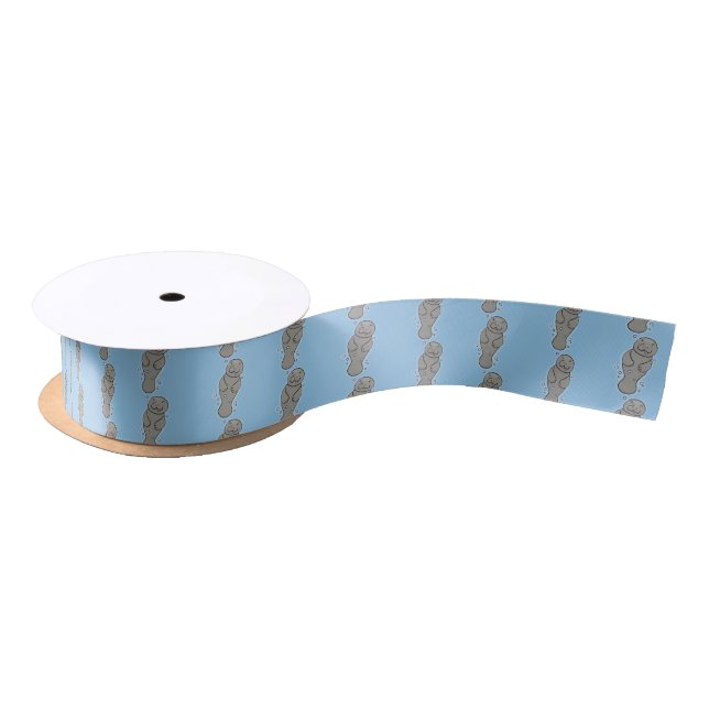 Cute baby manatee with bubbles illustration satin ribbon (Spool)