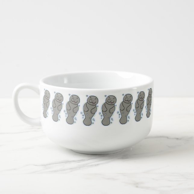 Cute baby manatee with bubbles illustration soup mug (Right)