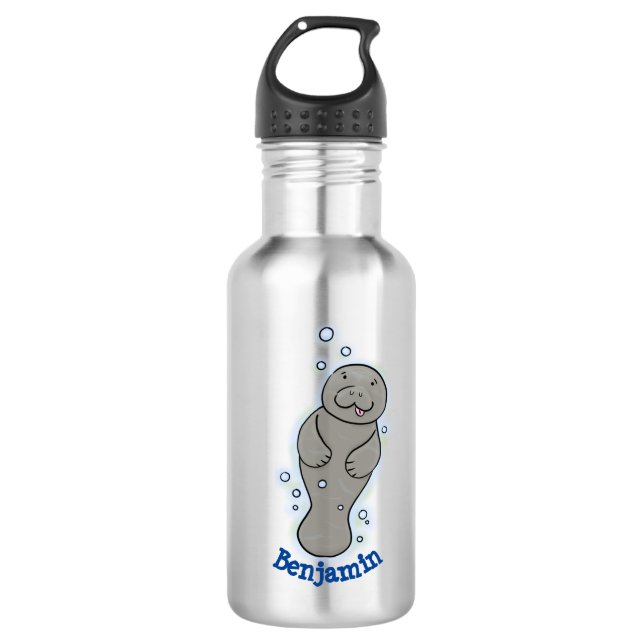 Cute baby manatee with bubbles illustration stainless steel water bottle (Front)