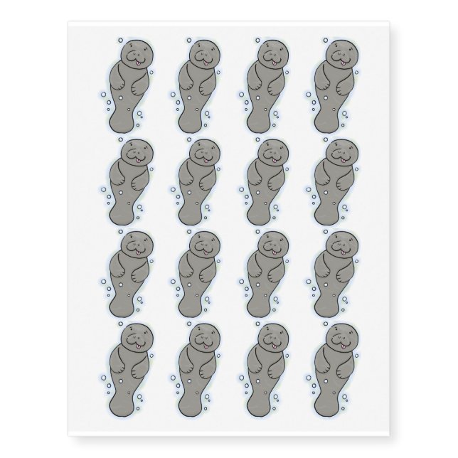 Cute baby manatee with bubbles illustration temporary tattoos (Front)