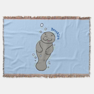 Cute baby manatee with bubbles illustration throw blanket