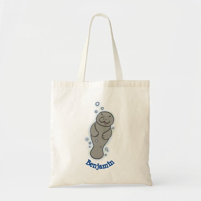 Cute baby manatee with bubbles illustration tote bag (Front)