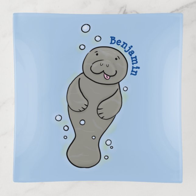 Cute baby manatee with bubbles illustration trinket tray (Front)