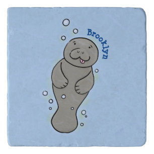 Cute baby manatee with bubbles illustration trivet