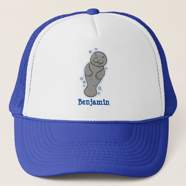Cute baby manatee with bubbles illustration trucker hat (Front)