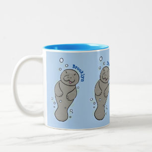 Cute baby manatee with bubbles illustration Two-Tone coffee mug