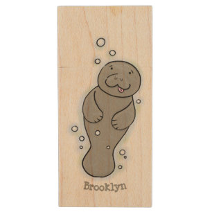 Cute baby manatee with bubbles illustration wood flash drive