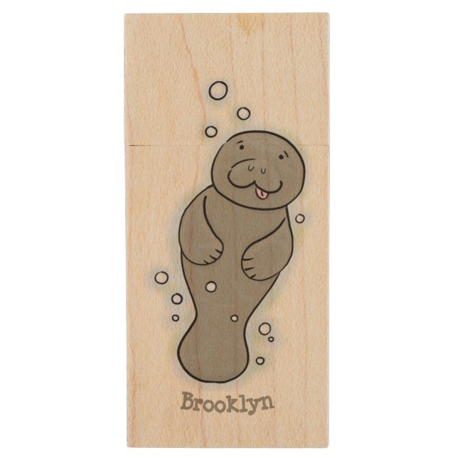 Cute baby manatee with bubbles illustration wood flash drive (Front Vertical)