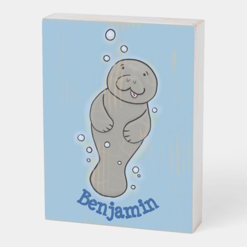 Cute baby manatee with bubbles illustration wooden box sign