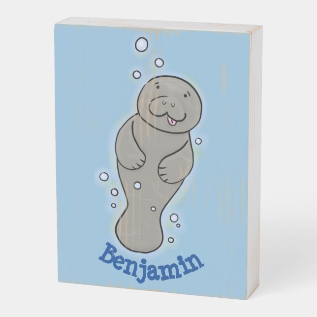 Cute baby manatee with bubbles illustration wooden box sign (Angled Vertical)