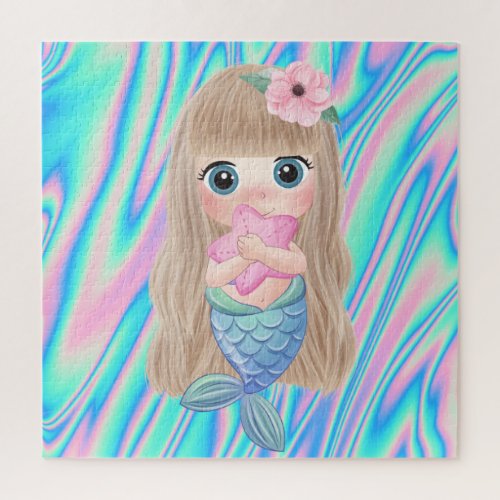 Cute Baby Mermaid Ombre Colorful Jigsaw Puzzle