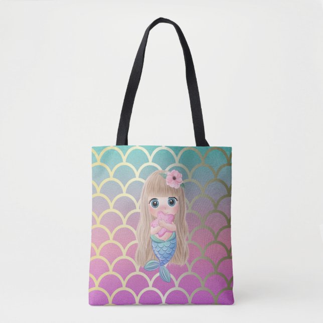 Cute Baby Mermaid Ombre Mermaid Tail Scales Tote Bag (Front)