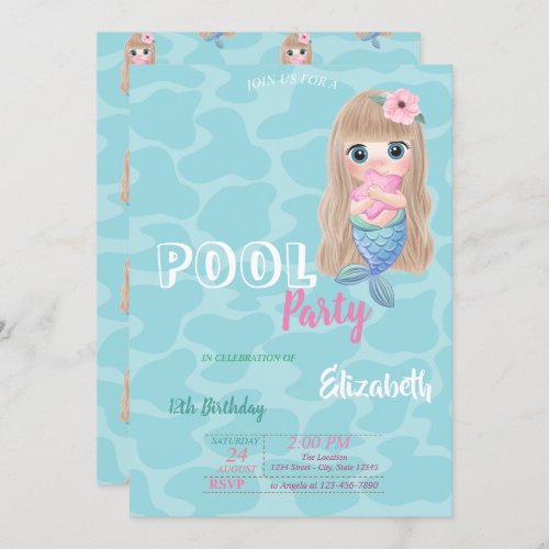 Cute Baby Mermaid Pool Birthday Party Invitation