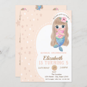 Cute Baby Mermaid Stars Birthday Invitation