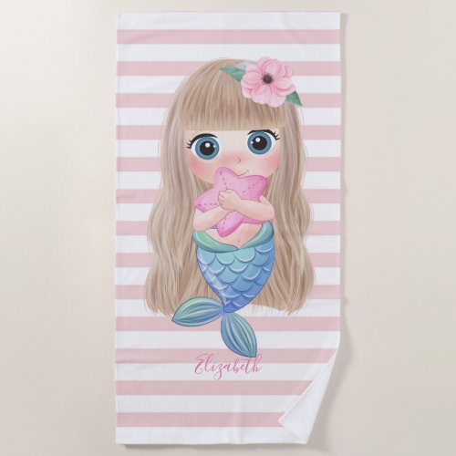 Cute Baby Mermaid  Stripes Beach Towel