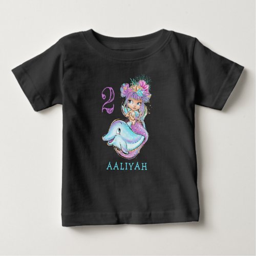 Cute Baby Mermaid with Dolphin Birthday T_Shirt