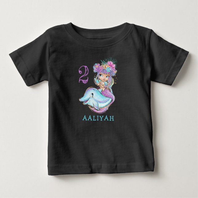Cute Baby Mermaid with Dolphin Birthday T-Shirt (Front)