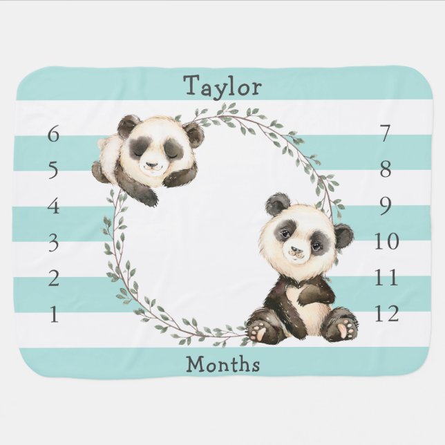 Cute Baby Milestone Growth Panda Bears Baby Blanket (Horizontal)