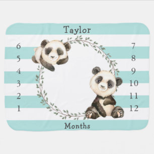 Cute Baby Milestone Growth Panda Bears Blanket