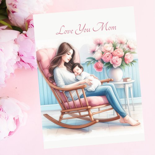 Cute Baby Momâs Embrace Peonies Mothers Day Card