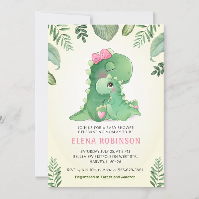 Cute Baby Mommy Dinosaur Girl Baby Shower Sprinkle Invitation (Front)