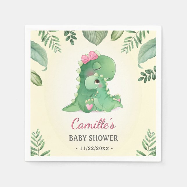 Cute Baby Mommy Dinosaur Pink Girl Shower Sprinkle Napkins (Front)