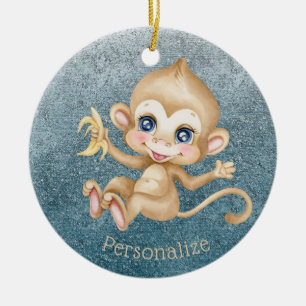 Cute Baby Monkey Banana Blue Glitter Personalize Ceramic Ornament