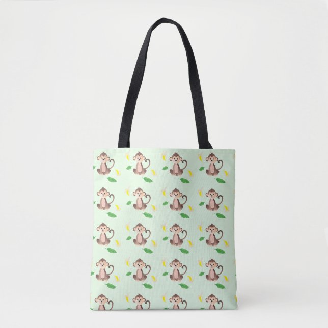 Cute Baby Monkey Bananas Tropical Green Leaf Tote Bag (Front)