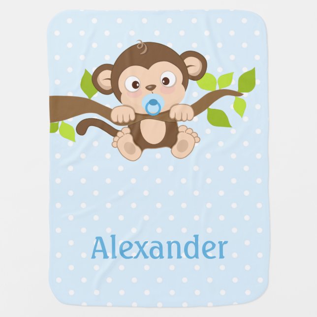 Cute Baby Monkey Blue Polka Dots Baby Blanket (Front)