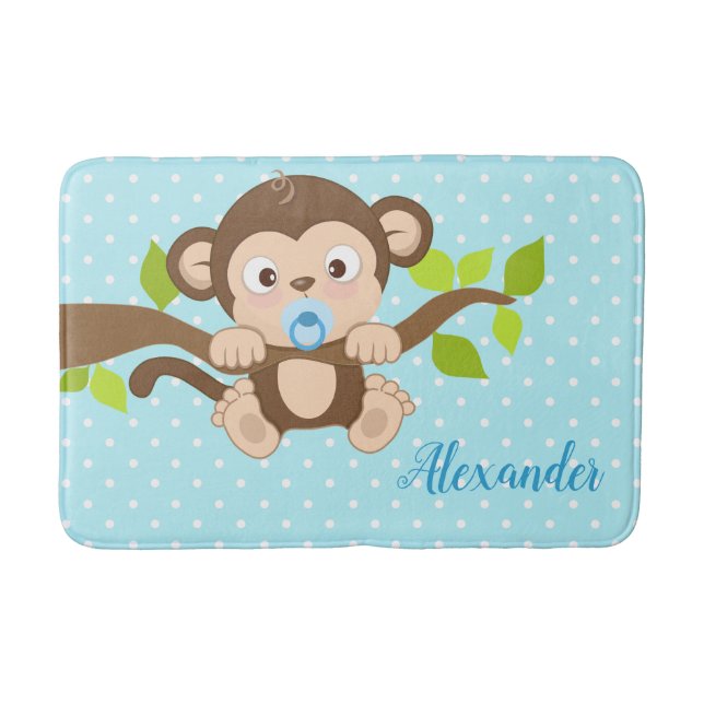 Cute Baby Monkey Blue Polka Dots Bathroom Mat (Front)