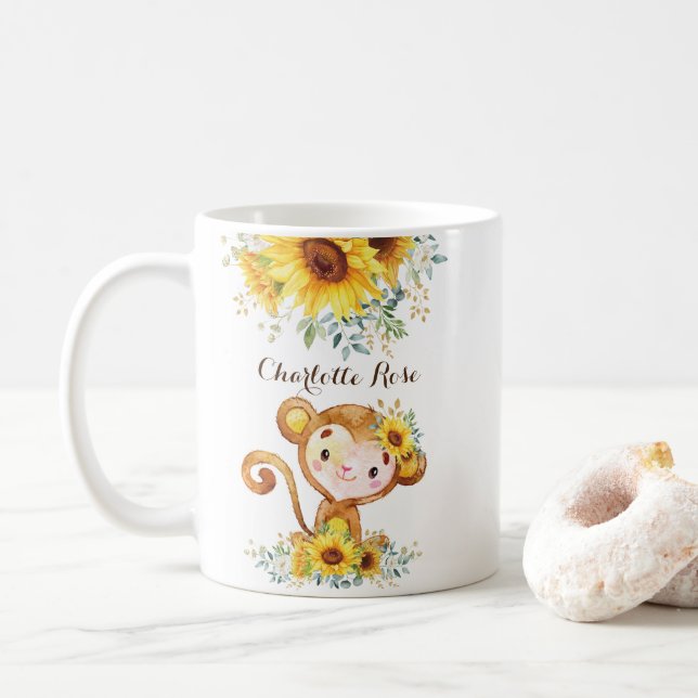Cute Baby Monkey Boho Watercolor Sunflowers Coffee Mug (With Donut)