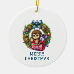 Cute Baby Monkey Christmas Ceramic Ornament