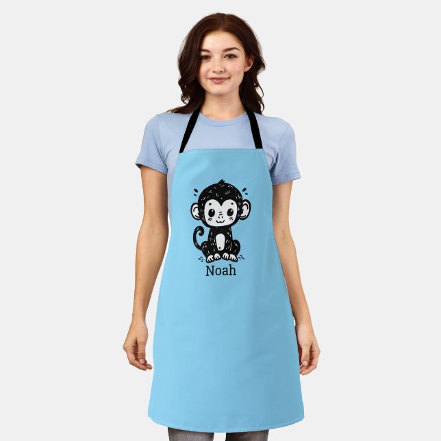 Cute Baby Monkey Drawing - Kawaii Nursery Art Apron (Worn)