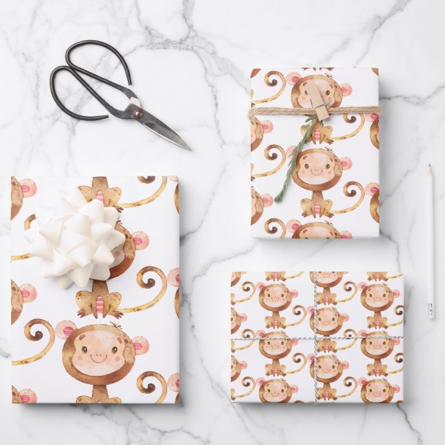 Cute Baby Monkey Funny Cartoon Chimp Wrapping Paper Sheets (Front)