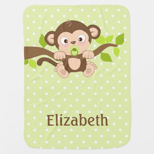Cute Baby Monkey Green Polka Dots Baby Blanket (Front)