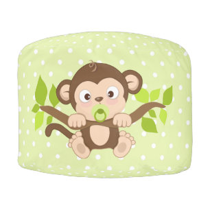 Cute Baby Monkey Green Polka Dots Round Pouf