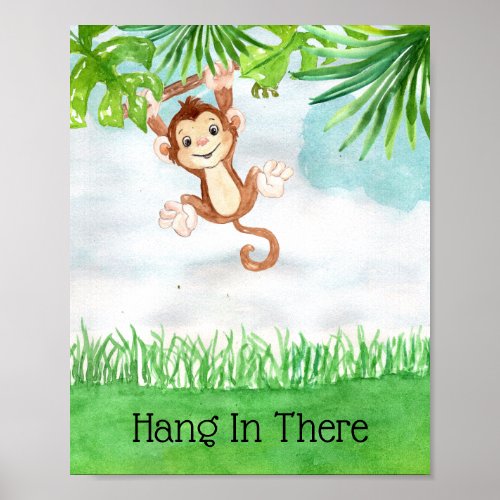 Cute Baby Monkey Hang In There Quote Nursery Poster