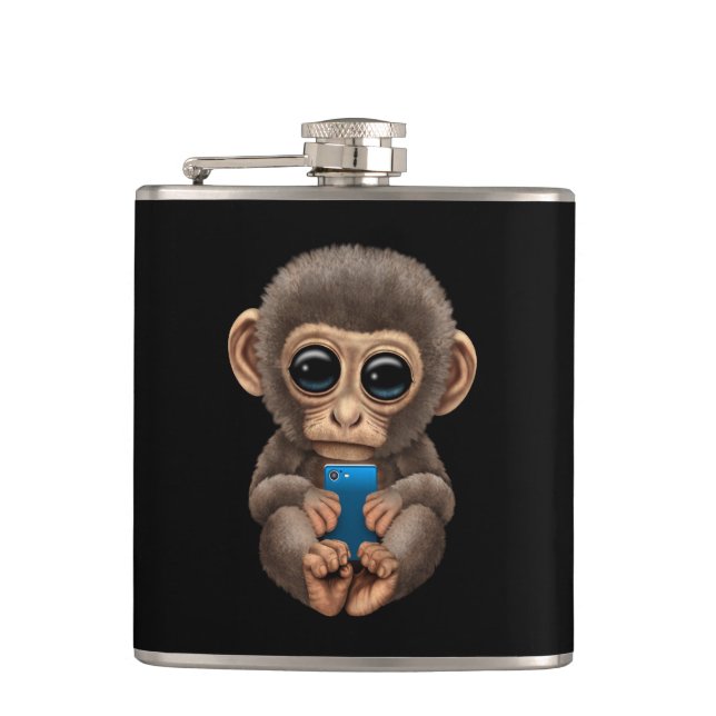 Cute Baby Monkey Holding a Cell Phone Black Flask (Front)