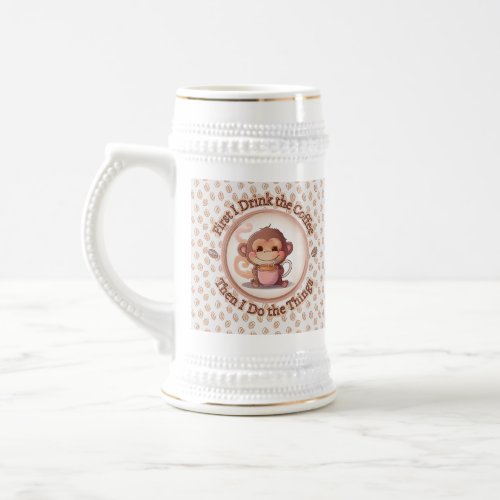 Cute baby monkey holds a steamy hot coffee beer stein