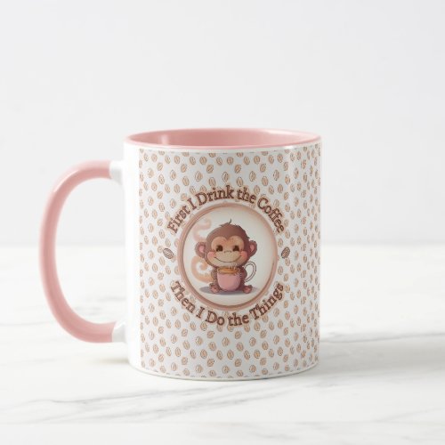 Cute baby monkey holds a steamy hot coffee mug