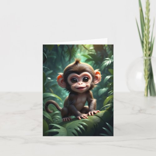 Cute Baby Monkey in Forest Artwork Blank Greeting  Card