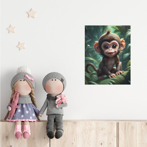 Cute Baby Monkey in Forest Illustration  Faux Canvas Print