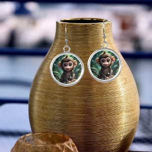 Cute Baby Monkey in Forest Tree Branch Artwork  Earrings