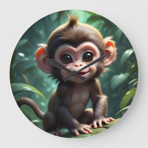 Cute Baby Monkey in Forest Tree Branch Artwork  Large Clock