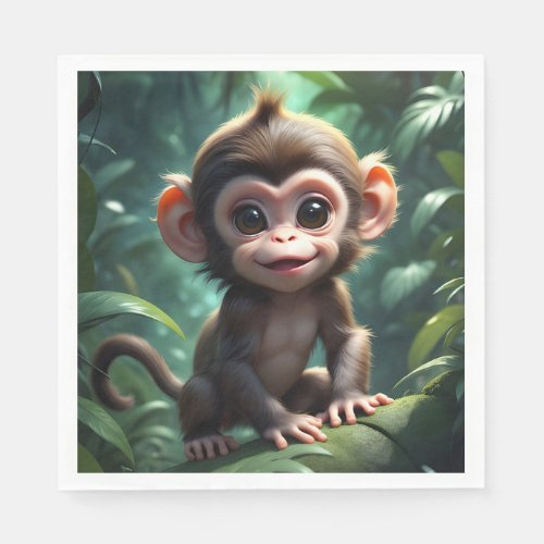 Cute Baby Monkey in Forest Tree Branch Artwork  Napkins
