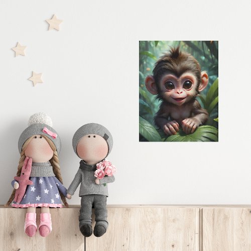 Cute Baby Monkey in Jungle Forest Illustration  Faux Canvas Print