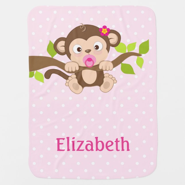 Cute Baby Monkey Pink Polka Dots Baby Blanket (Front)