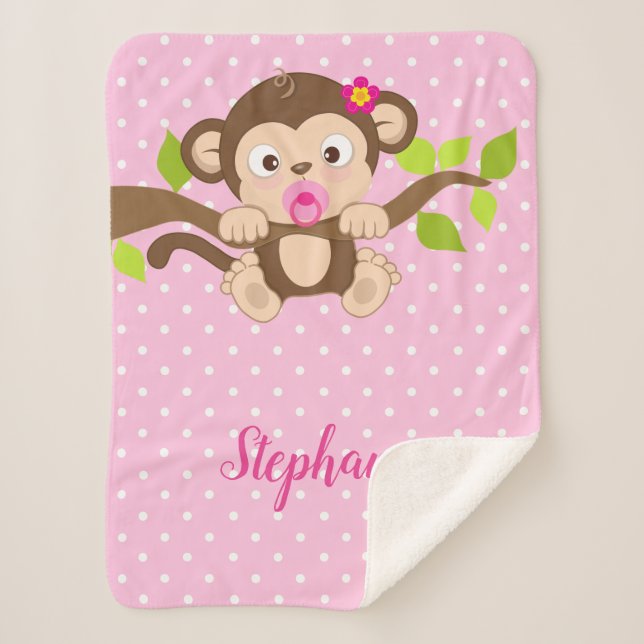 Cute Baby Monkey Pink Polka Dots Sherpa Blanket (Front)
