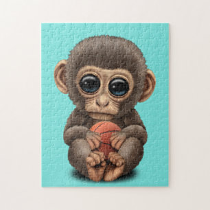 Cute Baby Monkey Playing With Basketball Jigsaw Puzzle