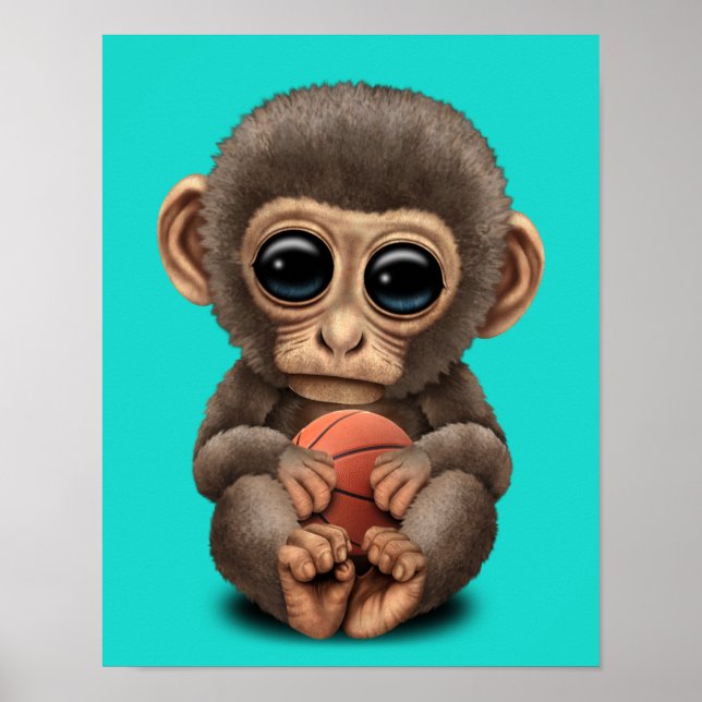 Cute Baby Monkey Playing With Basketball Poster (Front)